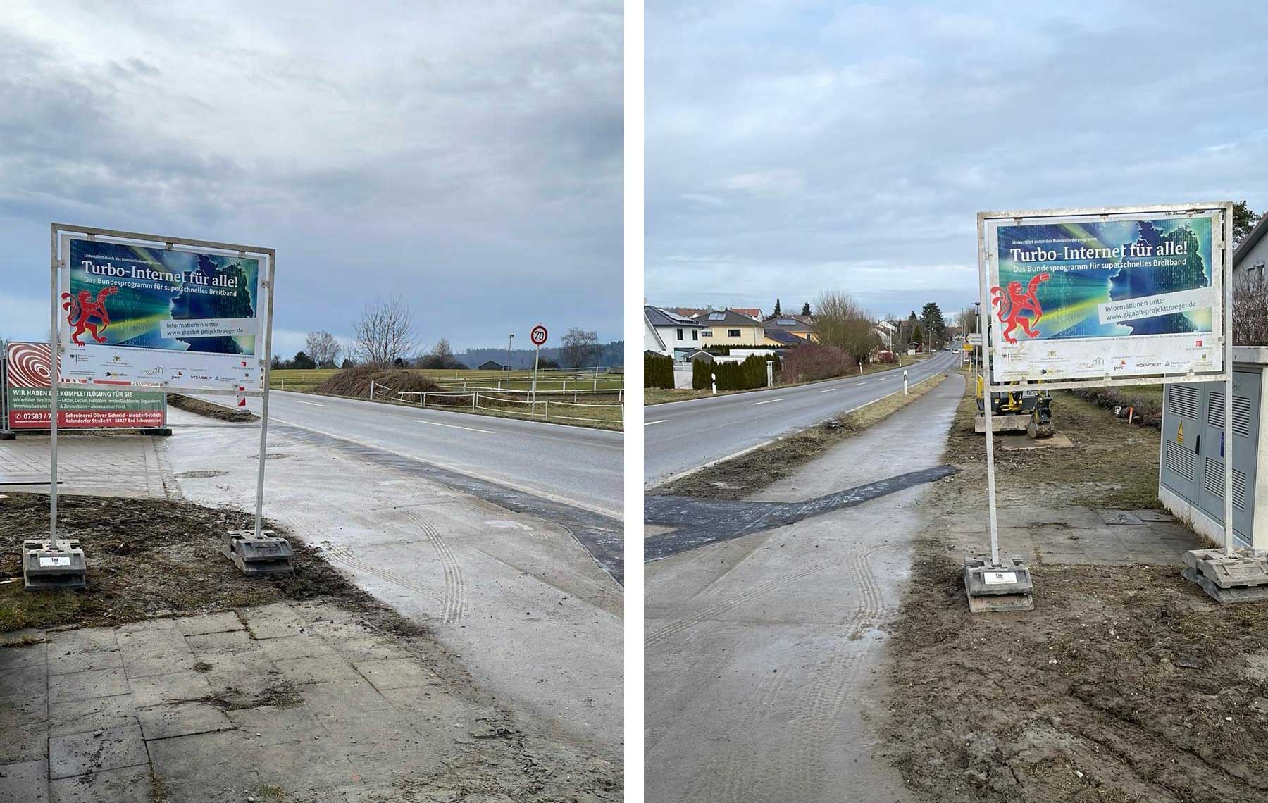 Bauschilder am Anfang und Ende der Aulendorfer Stra&szlig;e